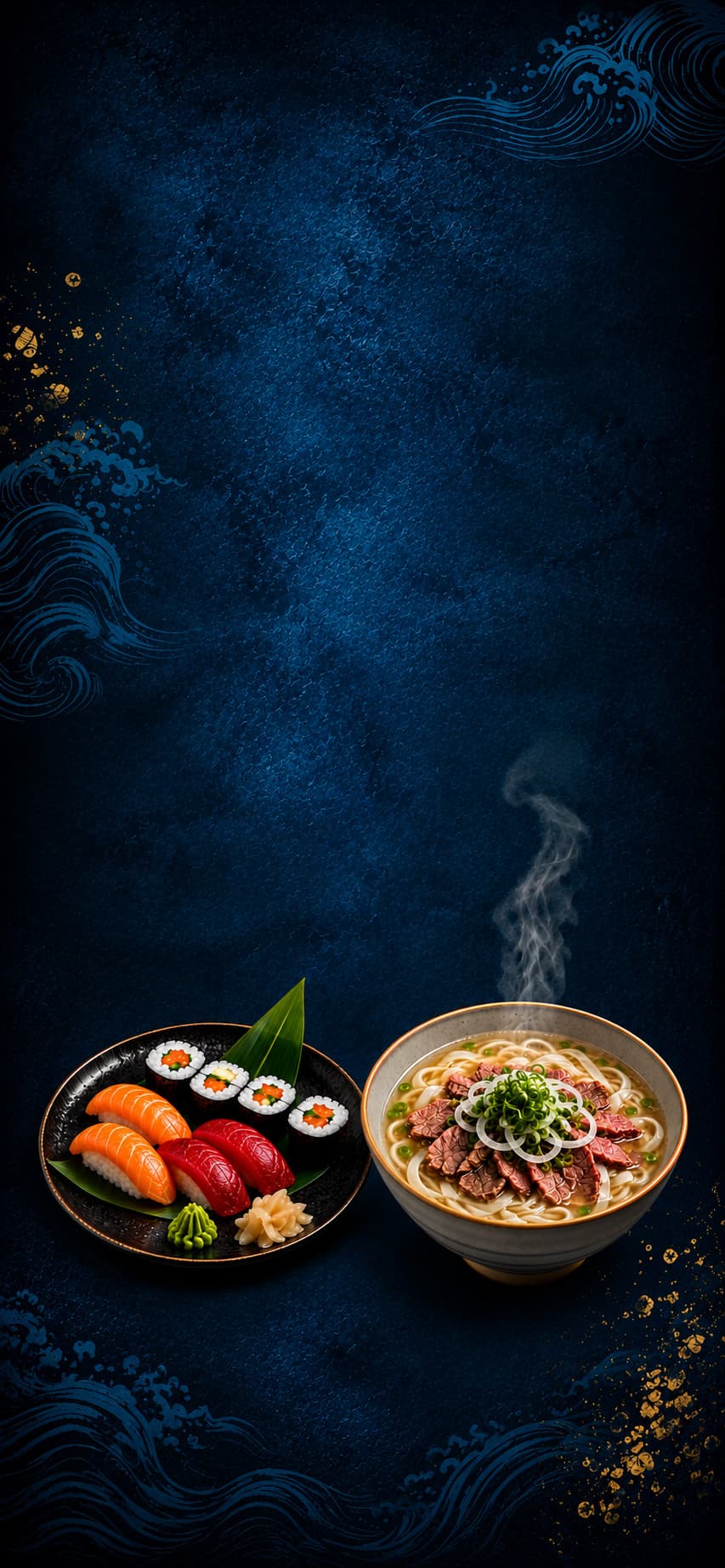 Sushi-Teller mit Nigiri und Maki neben einer dampfenden Schale Pho auf tiefblauem Grund mit Wellenmuster